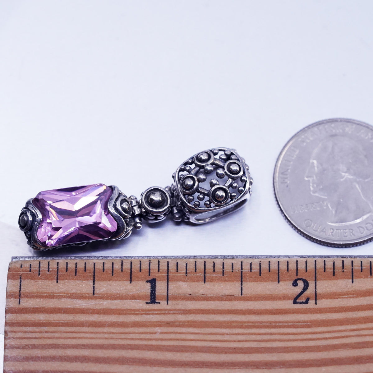VTG Sterling 925 Silver Pink Faceted Crystal Dangle Pendant Charm, Ornate Bali