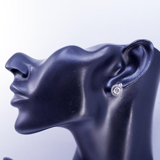 Vintage Sterling 925 silver handmade earrings, circle studs with cluster Cz