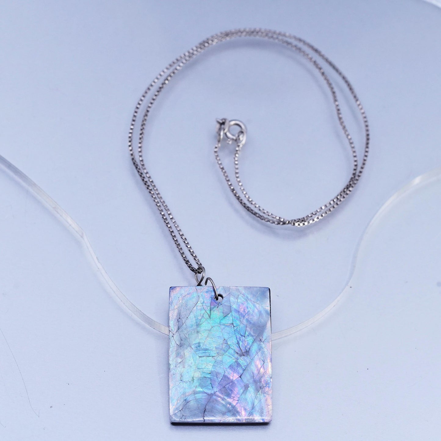 17" 1mm, vintage Sterling 925 silver box necklace with abalone shell pendant