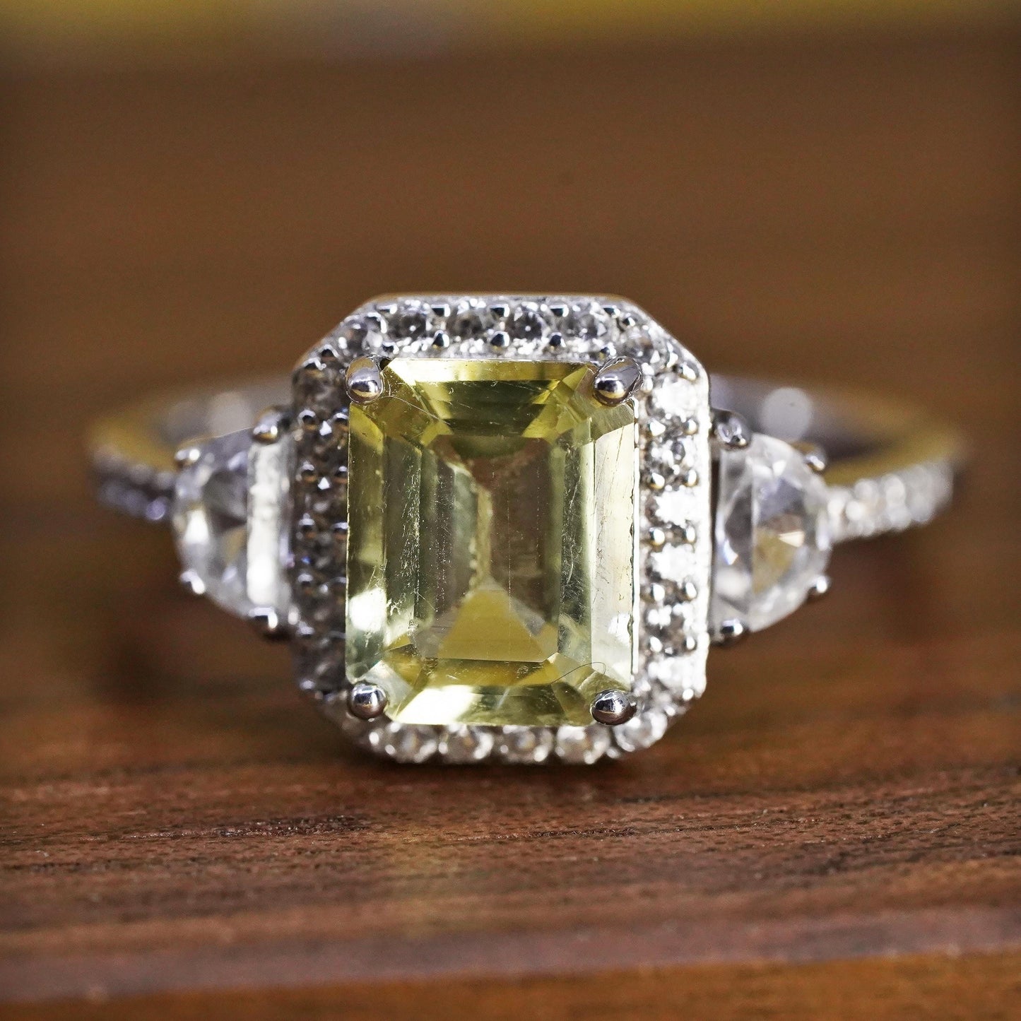 Size 9, vintage BBJ Sterling 925 silver ring with emerald cut citrine and cz