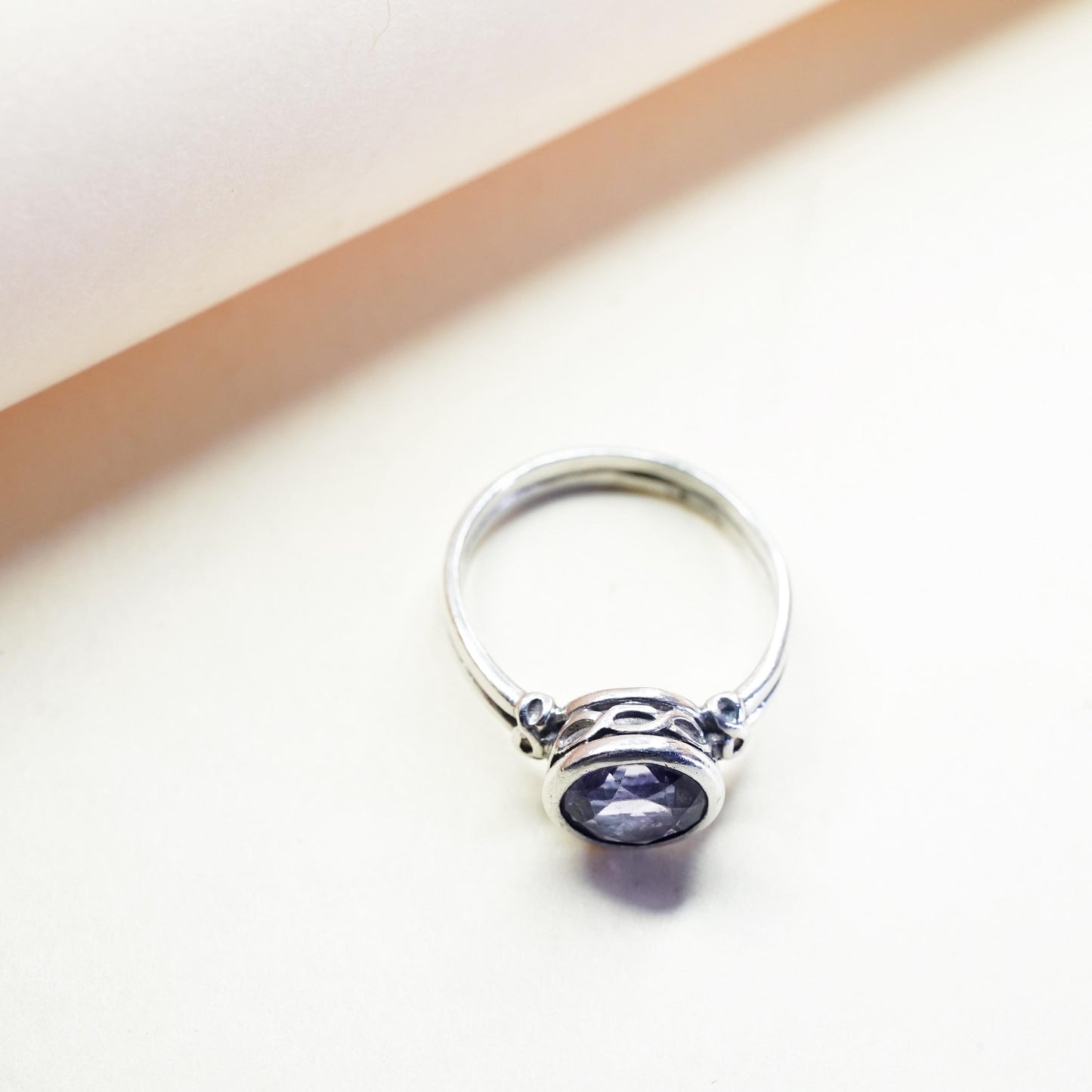 Size 7.5, vintage Sterling silver handmade ring, 925 band with round amethyst