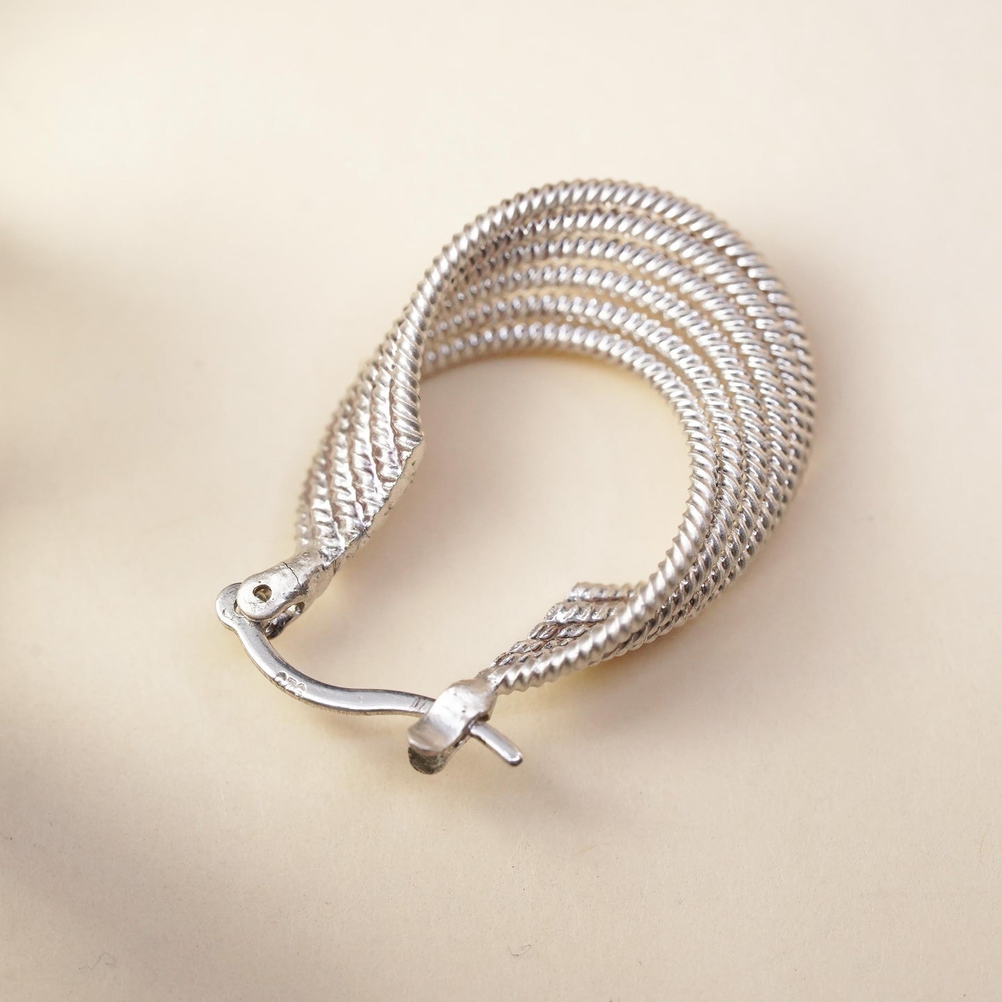1", Vintage sterling silver loop single earring, ribbed primitive twisted hoop