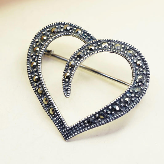 Vintage sterling silver handmade brooch, 925 heart with marcasite details