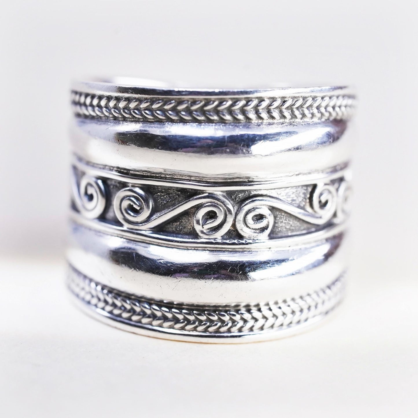 Size 8.5, Wide Sterling Silver Band Ring, Scroll Filigree Ring, Bohemian Unisex