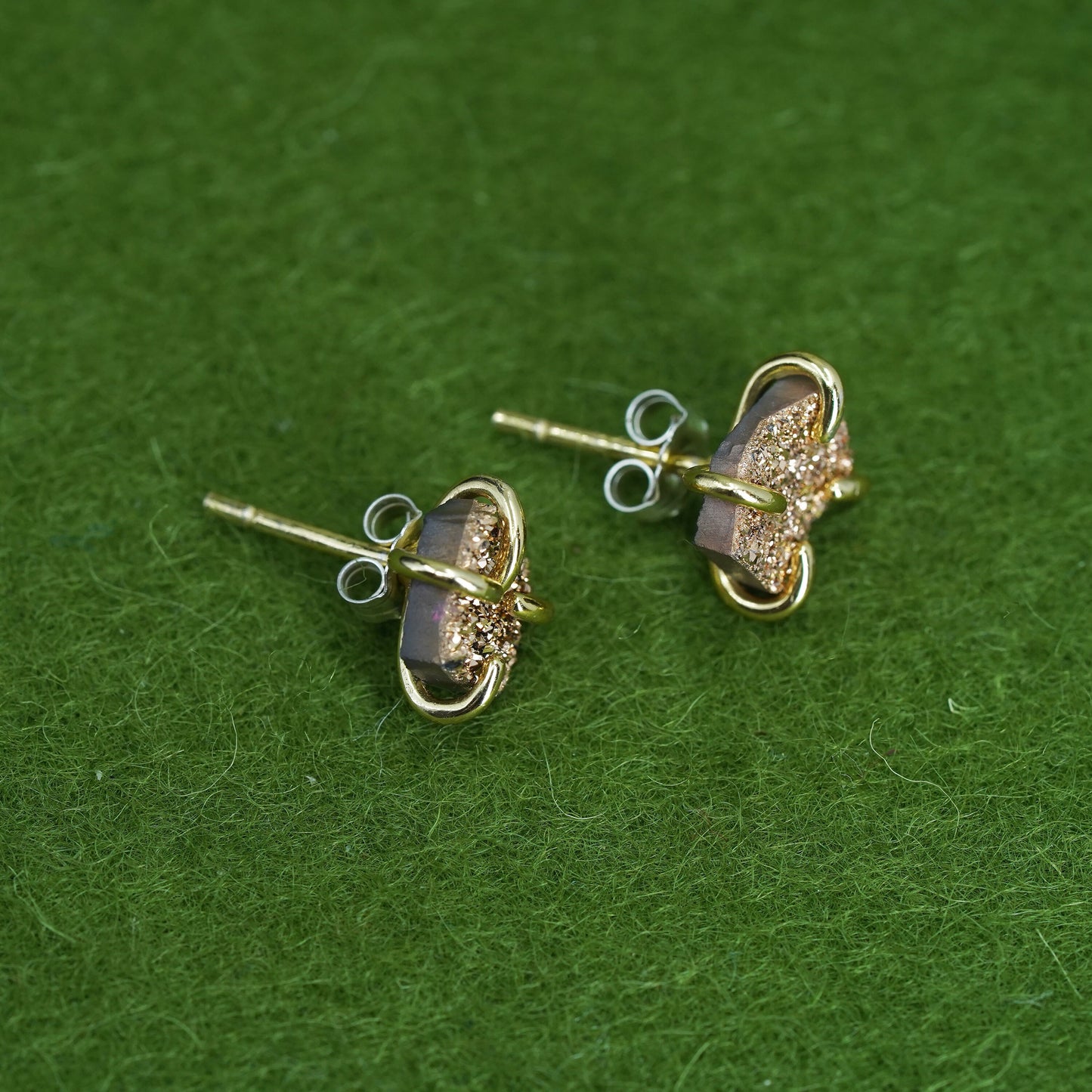 Vintage sterling 925 silver genuine golden druzy cz studs, earrings