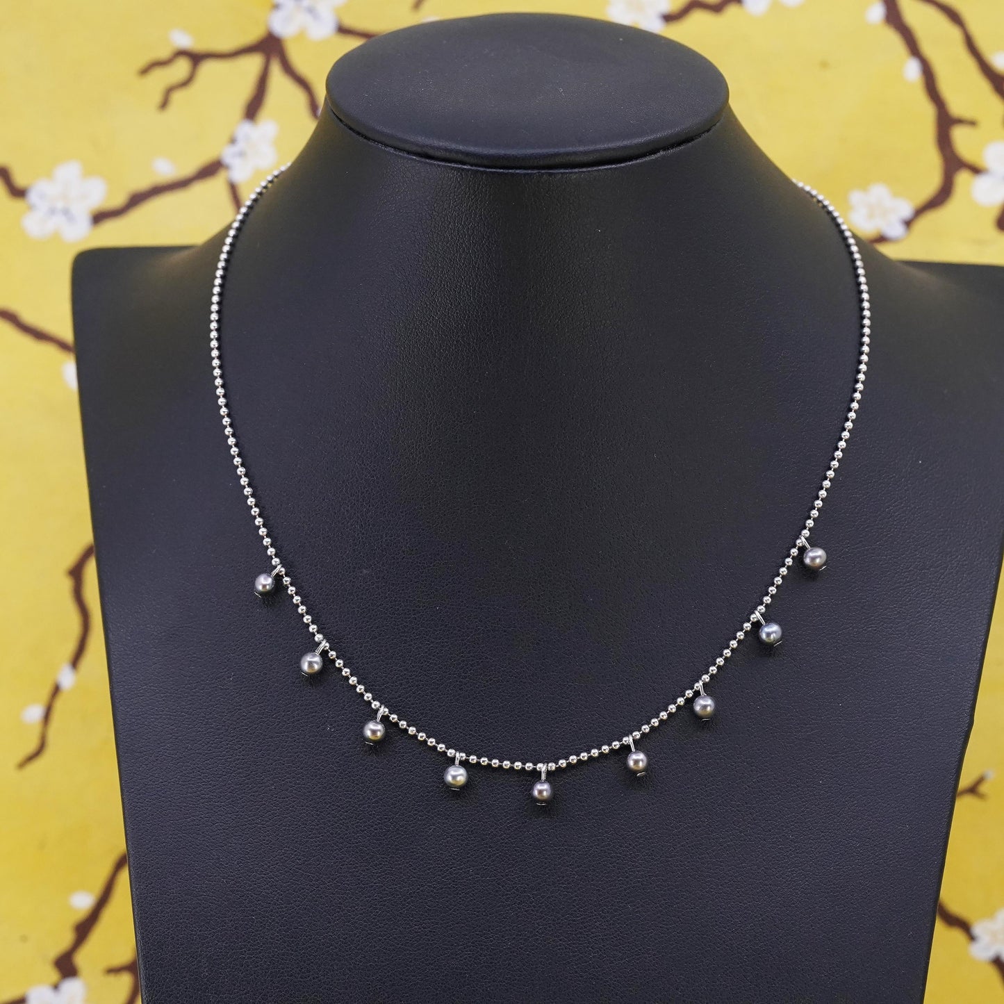 16", Italian Sterling 925 silver bead chain necklace with black pearls beads