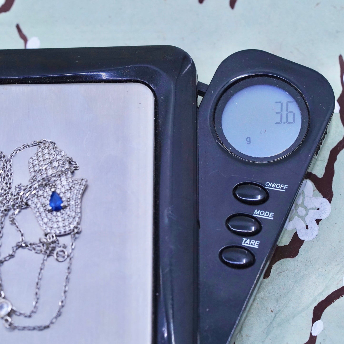 Sterling silver necklace, 925 circle chain Hamsa hand and sapphire, cluster cz