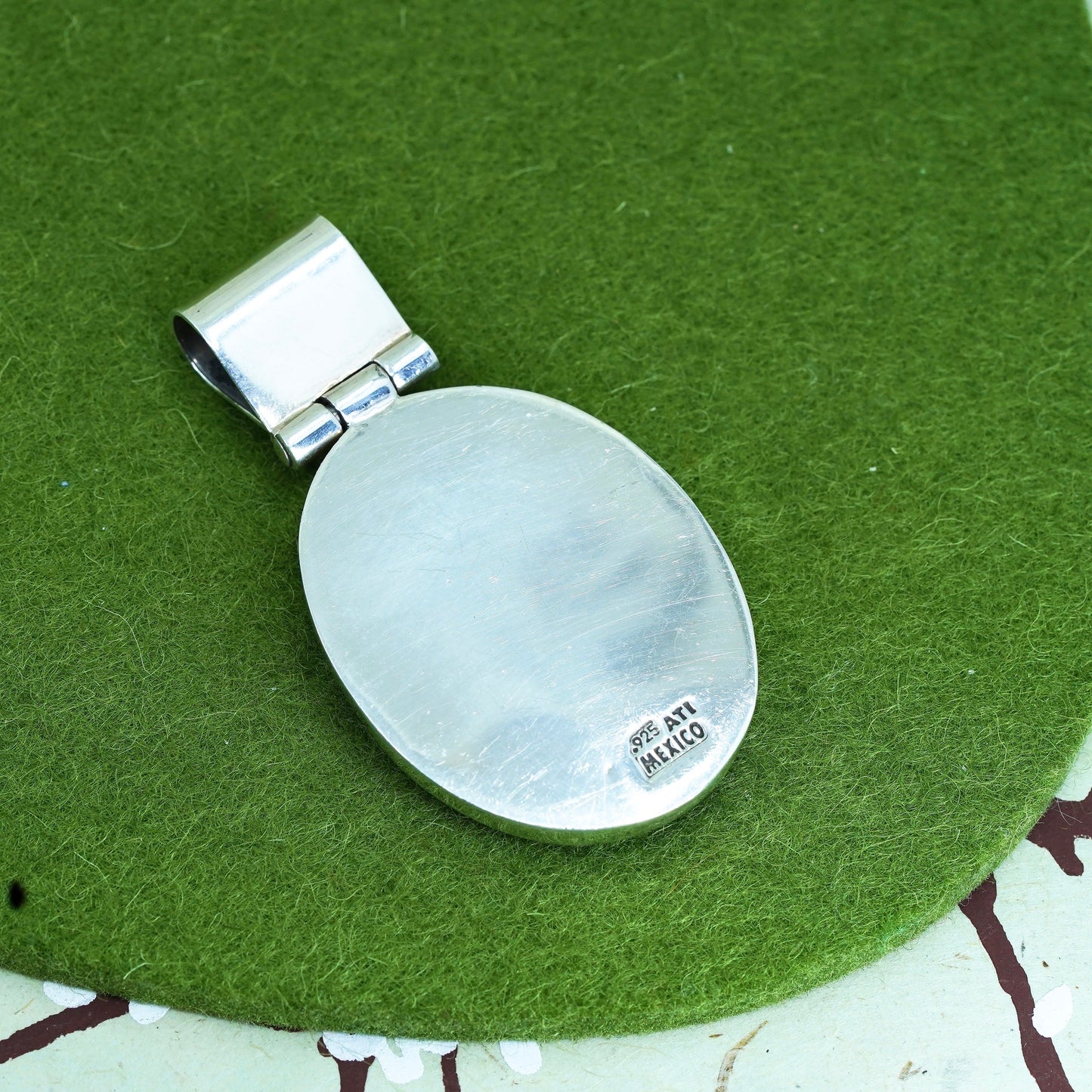 sterling silver handmade pendant, 925 Mexico pendant with huge oval turquoise