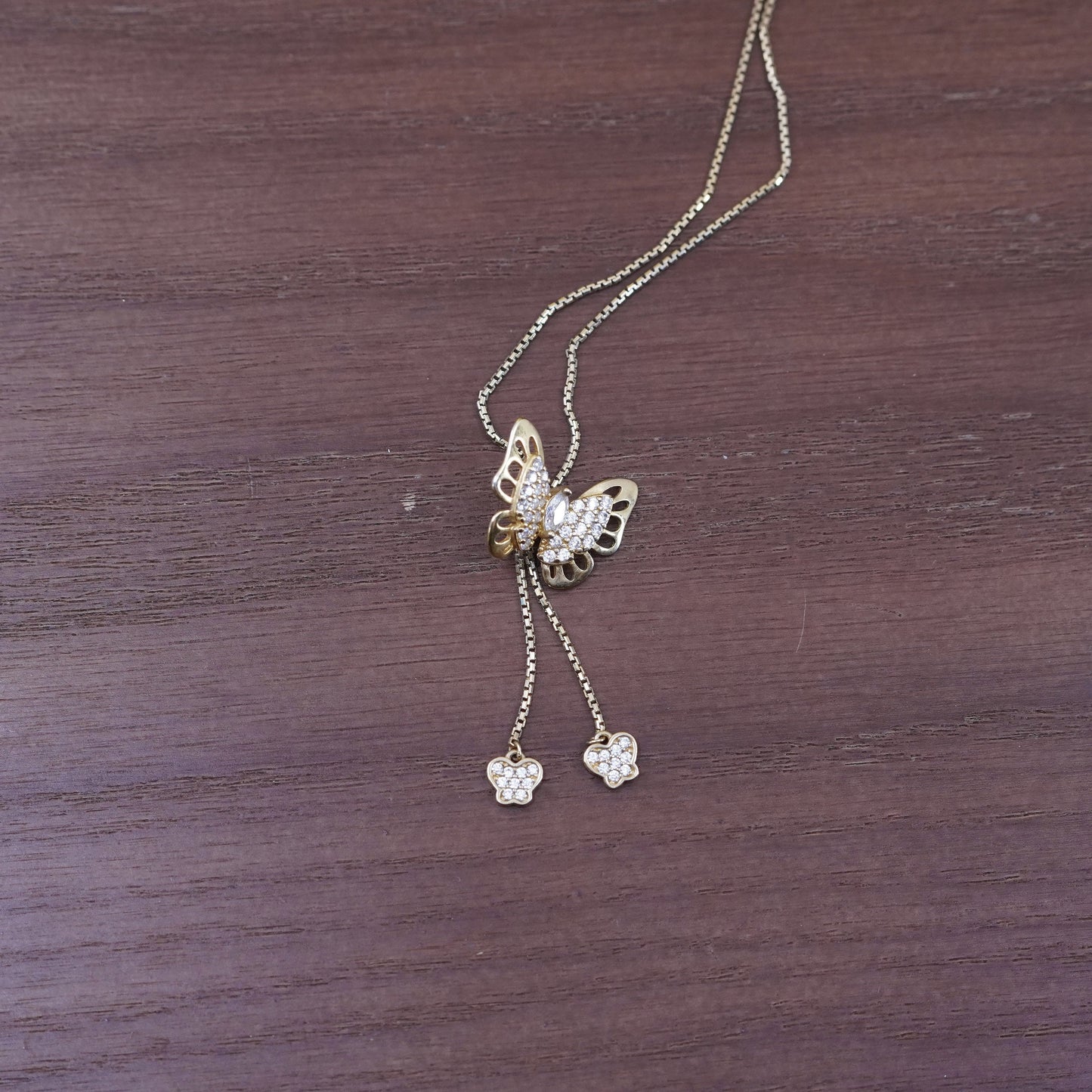 28” vermeil gold over Sterling silver necklace, 925 box chain butterfly pendant