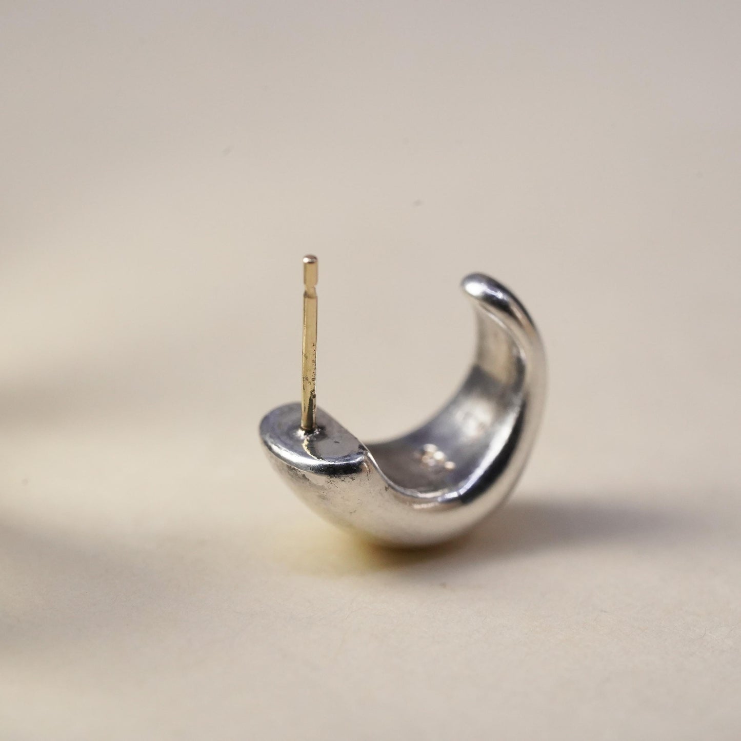 modern single 1 earring. Sterling 925 silver huggie stud 14K yellow gold post