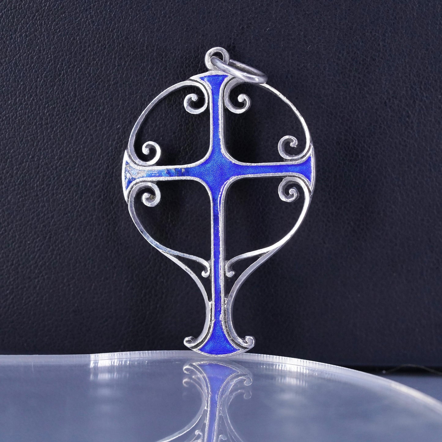 Ottaviani Jewelry, Vintage 1970s sterling 925 silver cross pendant blue enamel