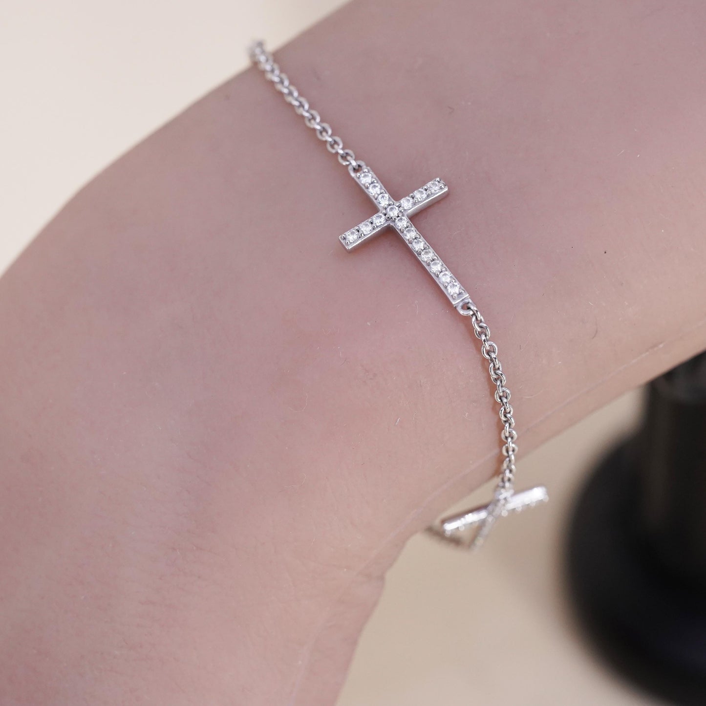 6.5+1”, VTG sterling 925 silver circle chain bracelet cluster cz cross charms