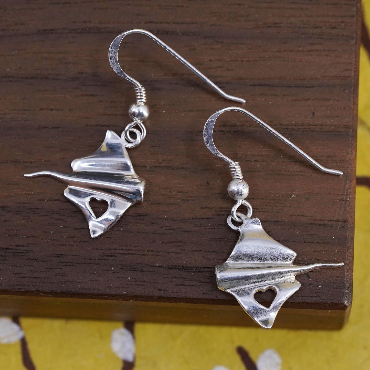 Vintage sterling silver handmade earrings, 925 stingray fish dangles