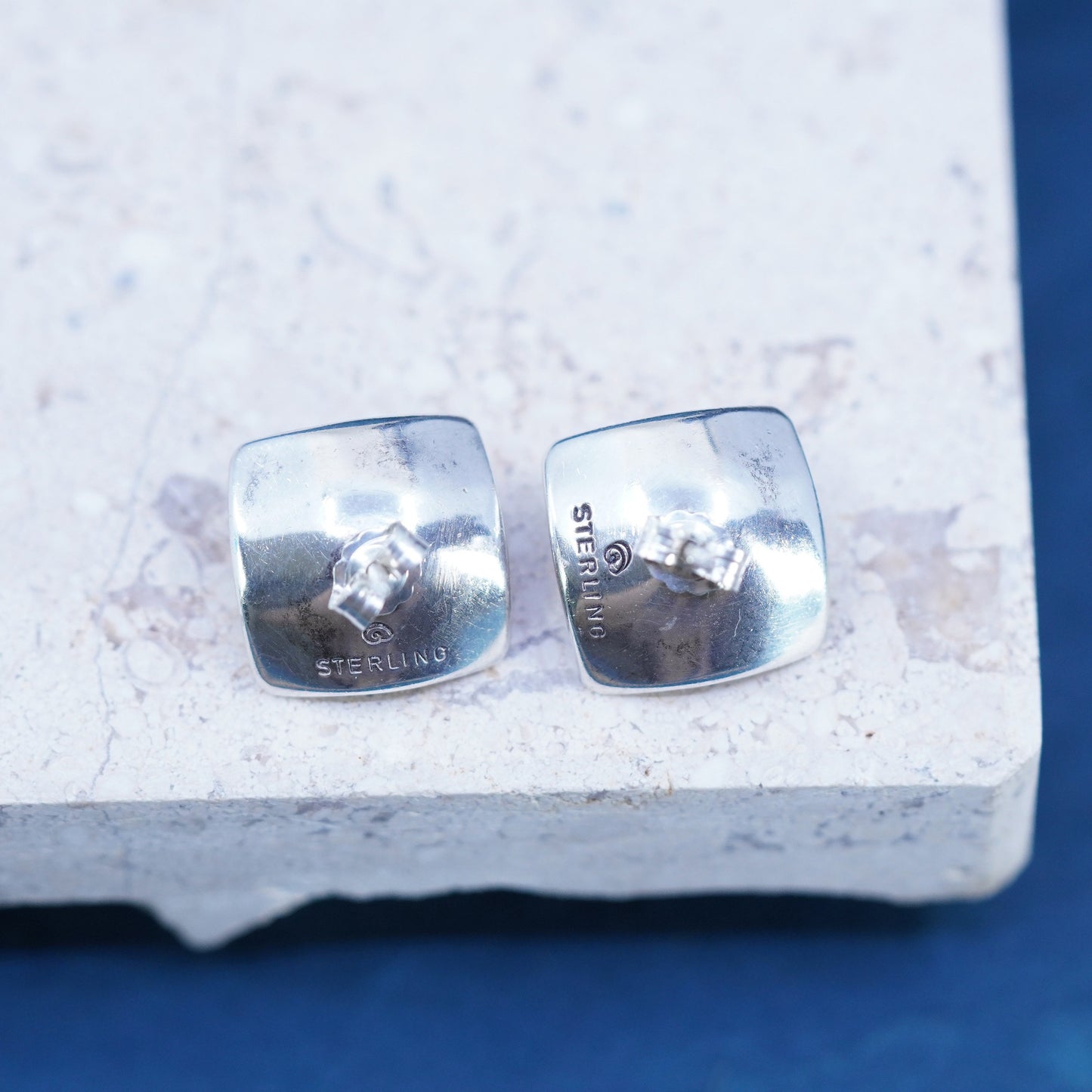 Vintage sterling silver handmade earrings, 925 square studs with pearl