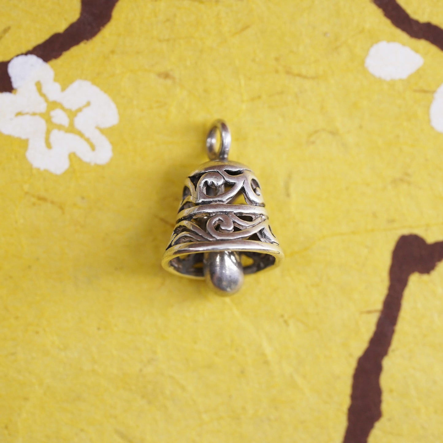 Sterling silver filigree charm, solid Mexico 925 silver bell pendant, chime