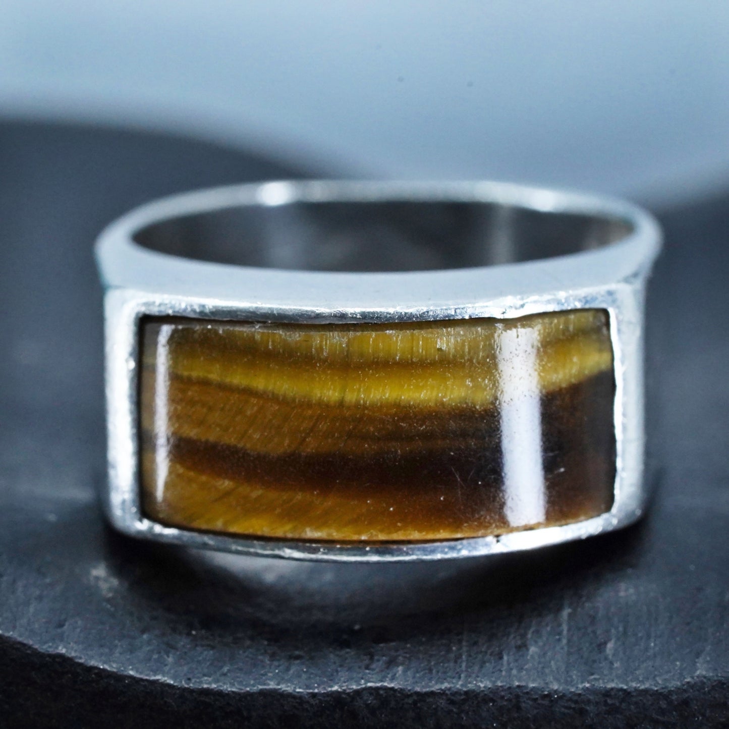 Size 6, vintage Sterling 925 silver handmade ring with golden tiger eye inlay