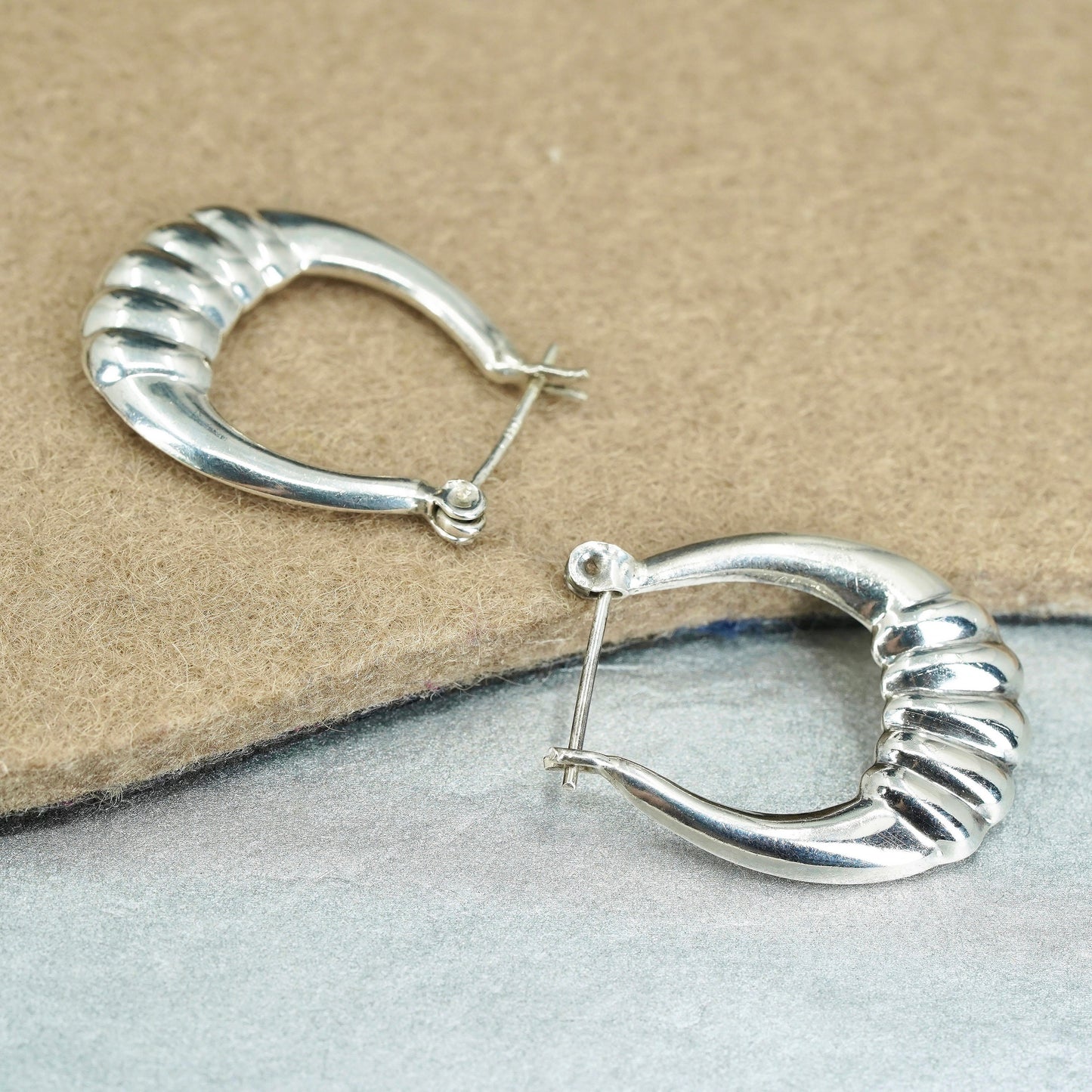 1.25”, vintage Sterling silver handmade earrings, oval 925 ribbed hoops