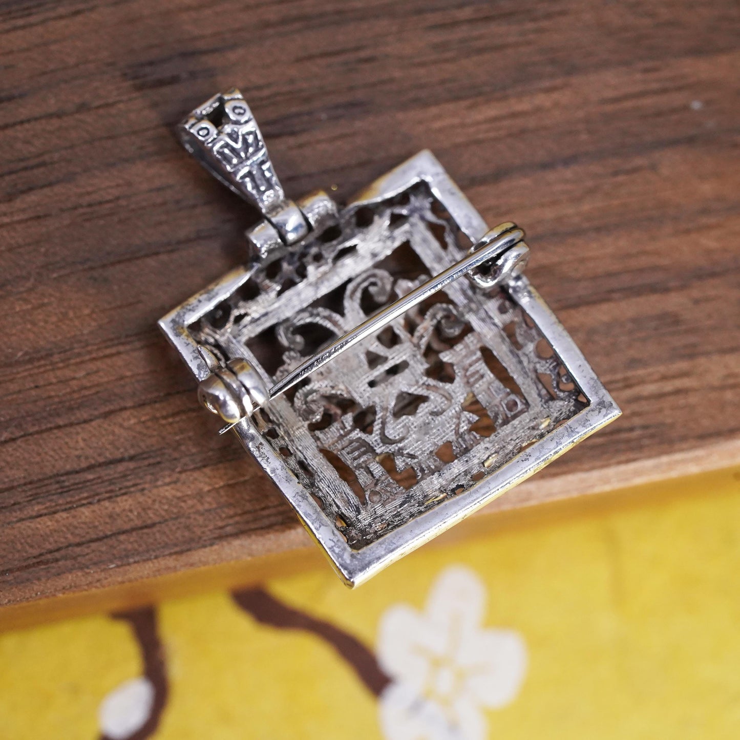 Taxco Mexico 925 Sterling Silver Green Stone Pendant Brooch Aztec Mayan Jewelry
