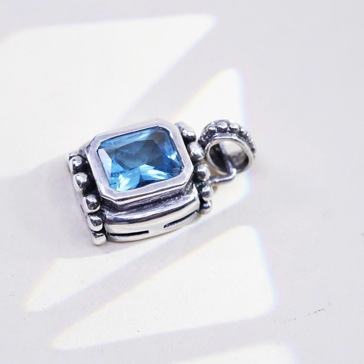 Vintage 925 Sterling Silver Blue Topaz Pendant, Emerald Cut Blue Gemstone Charm