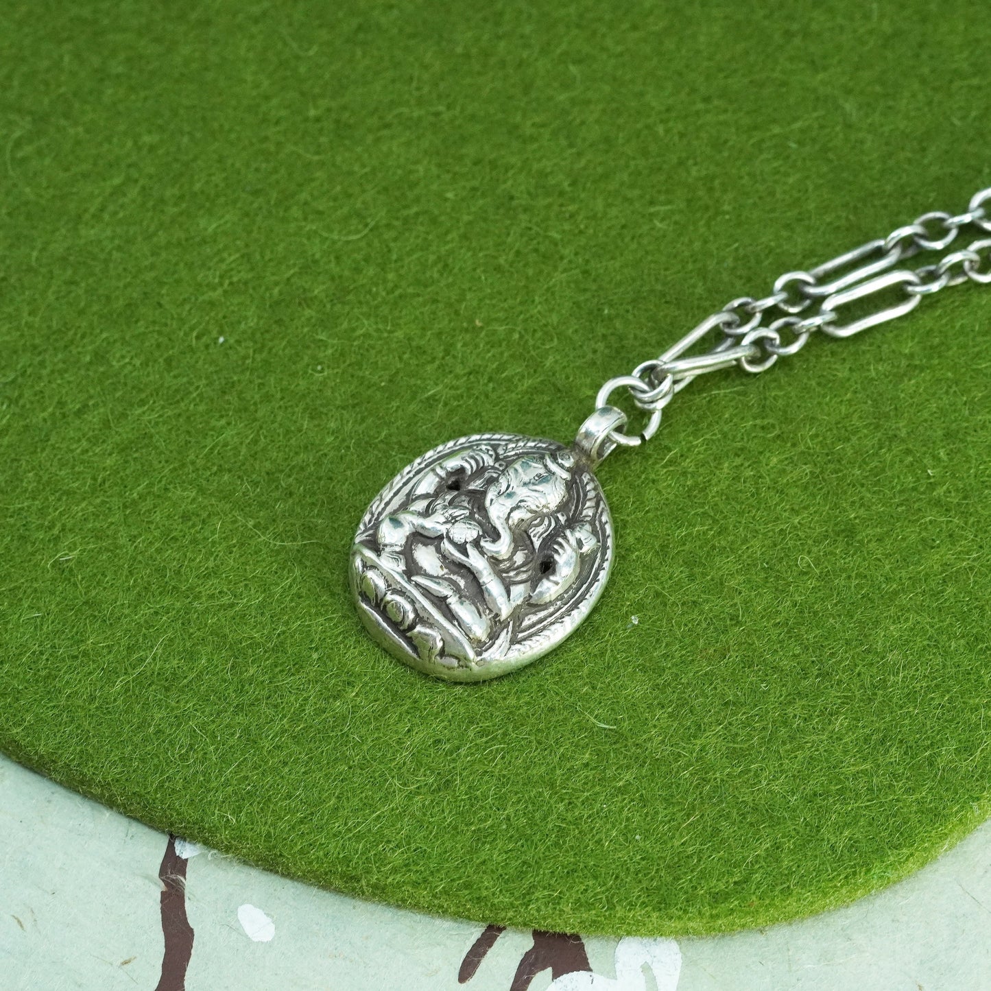 18”, Sterling 925 silver elongated necklace Ganesha elephant head god pendant