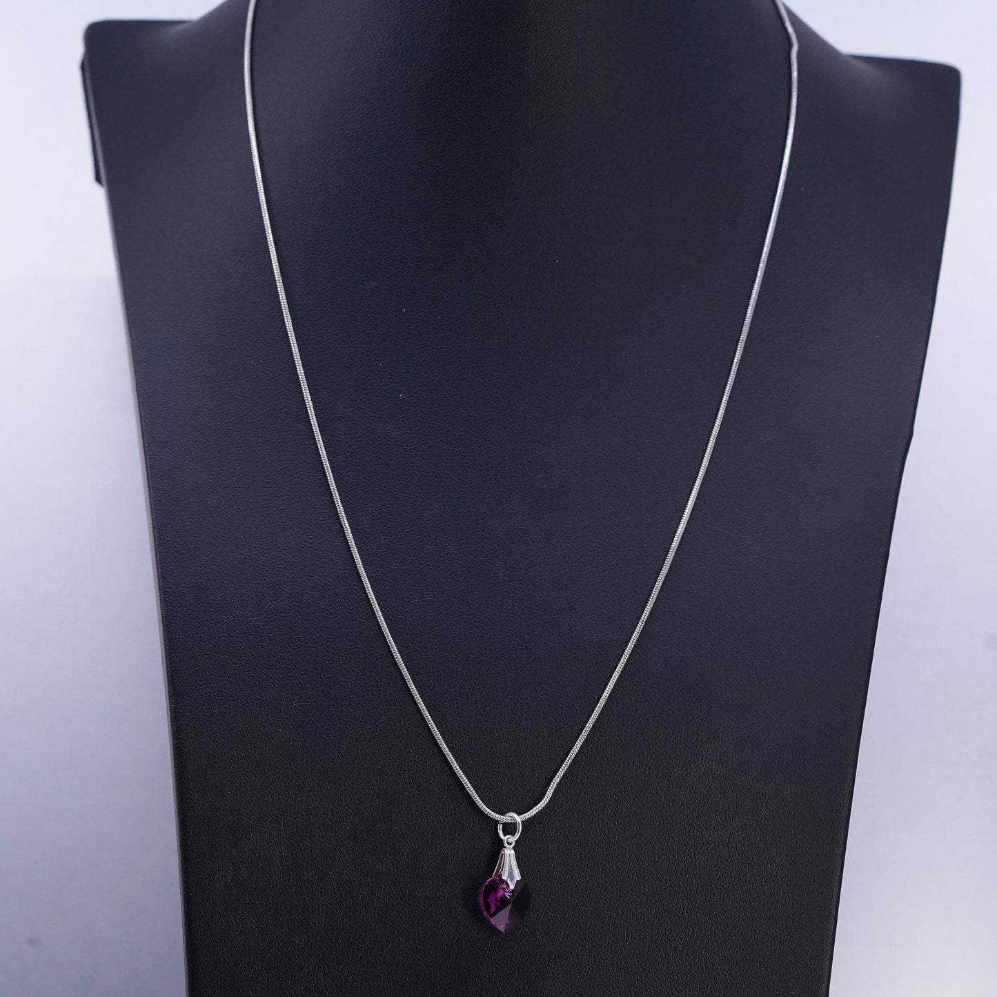 20", vintage Sterling 925 silver handmade snake necklace crystal heart pendant