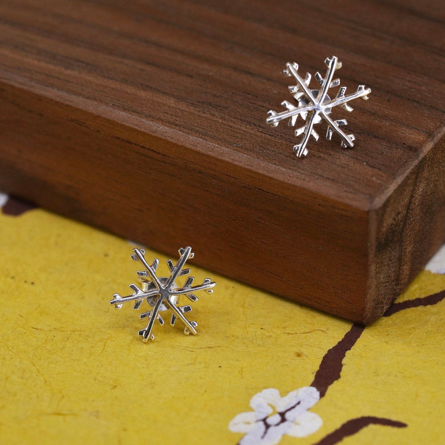 Vintage Sterling silver handmade earrings, 925 snowflake studs with cz