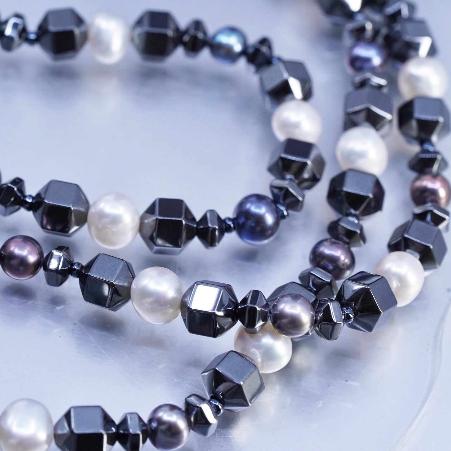 32”, Vintage Sterling 925 silver extra long necklace with hematite pearl beads
