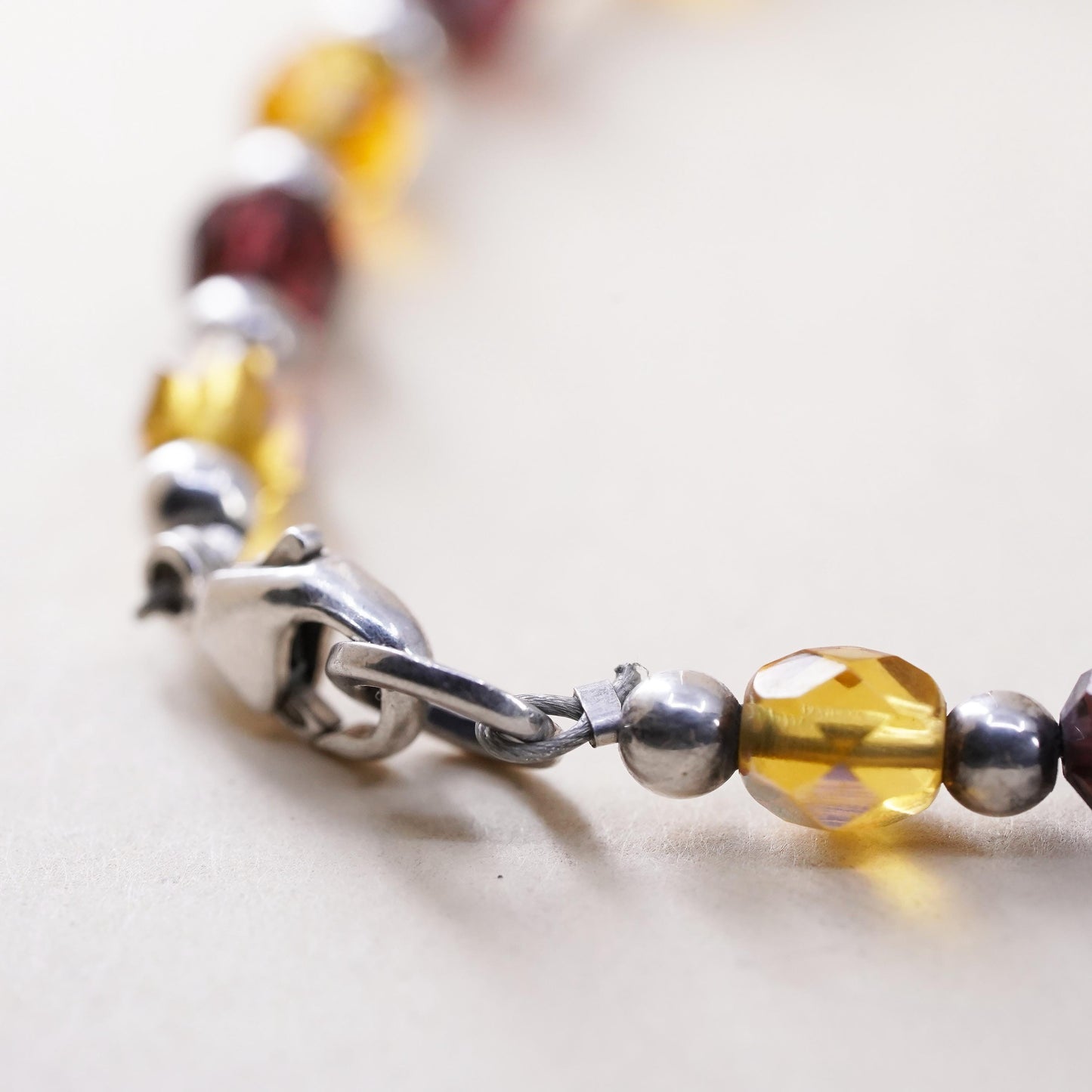 7.25”, vintage 925 Sterling silver handmade bracelet with garnet citrine beads