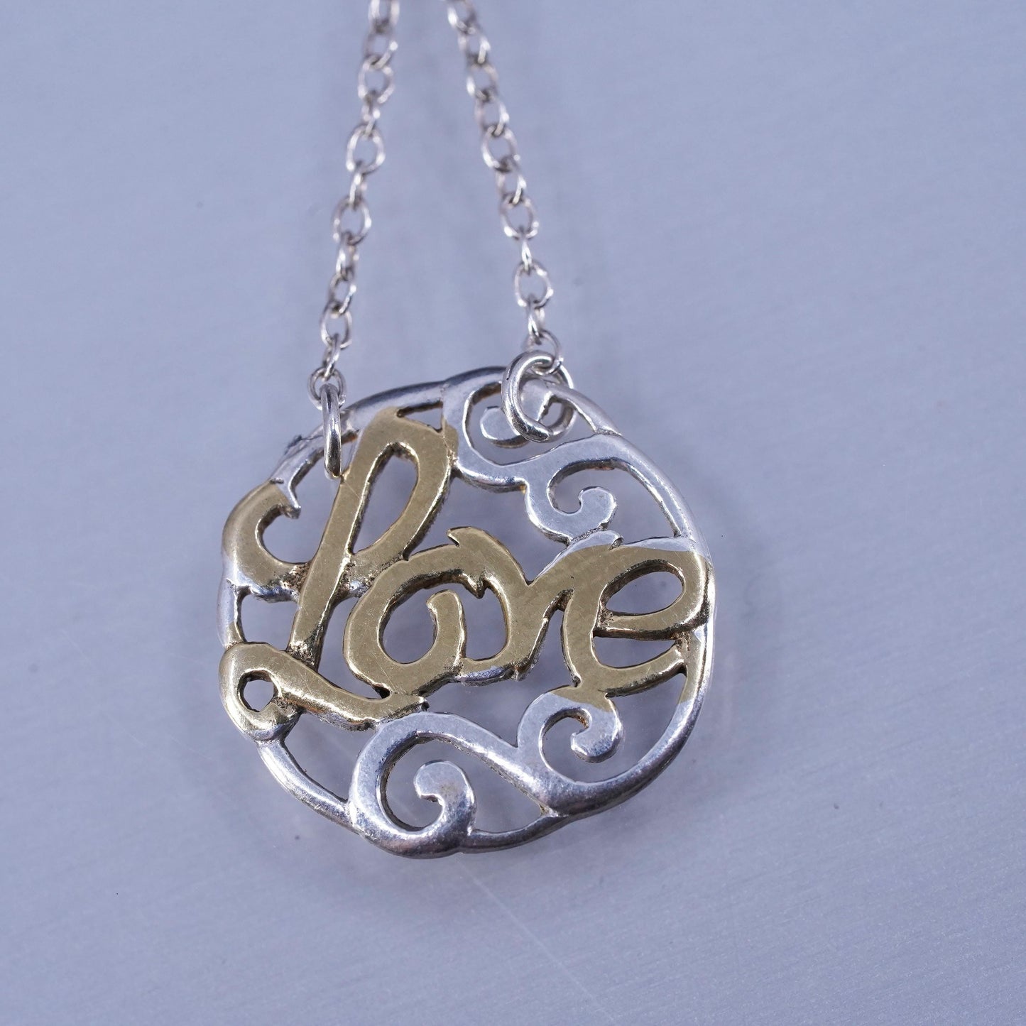 18”, vintage two tone Sterling silver necklace, 925 circle chain with Love pendant
