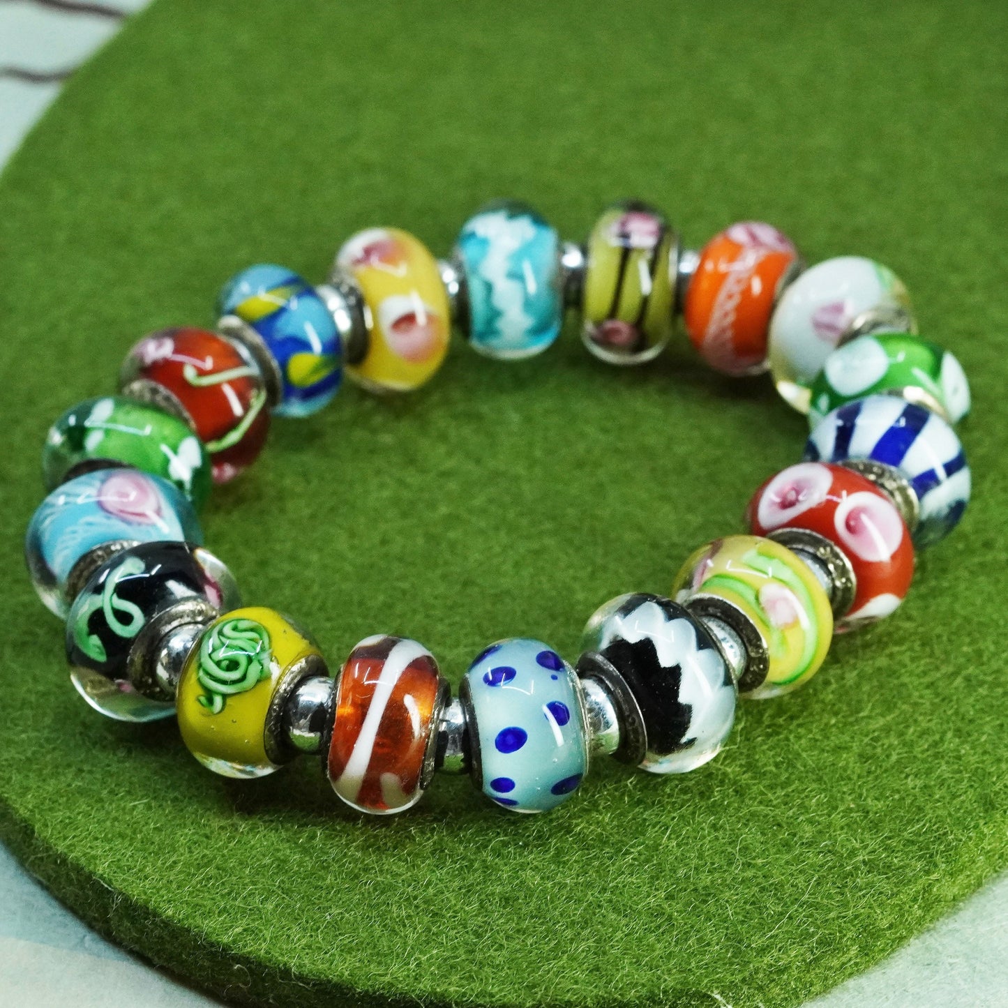 6”, artisan Murano glass colorful beads with sterling 925 silver trims