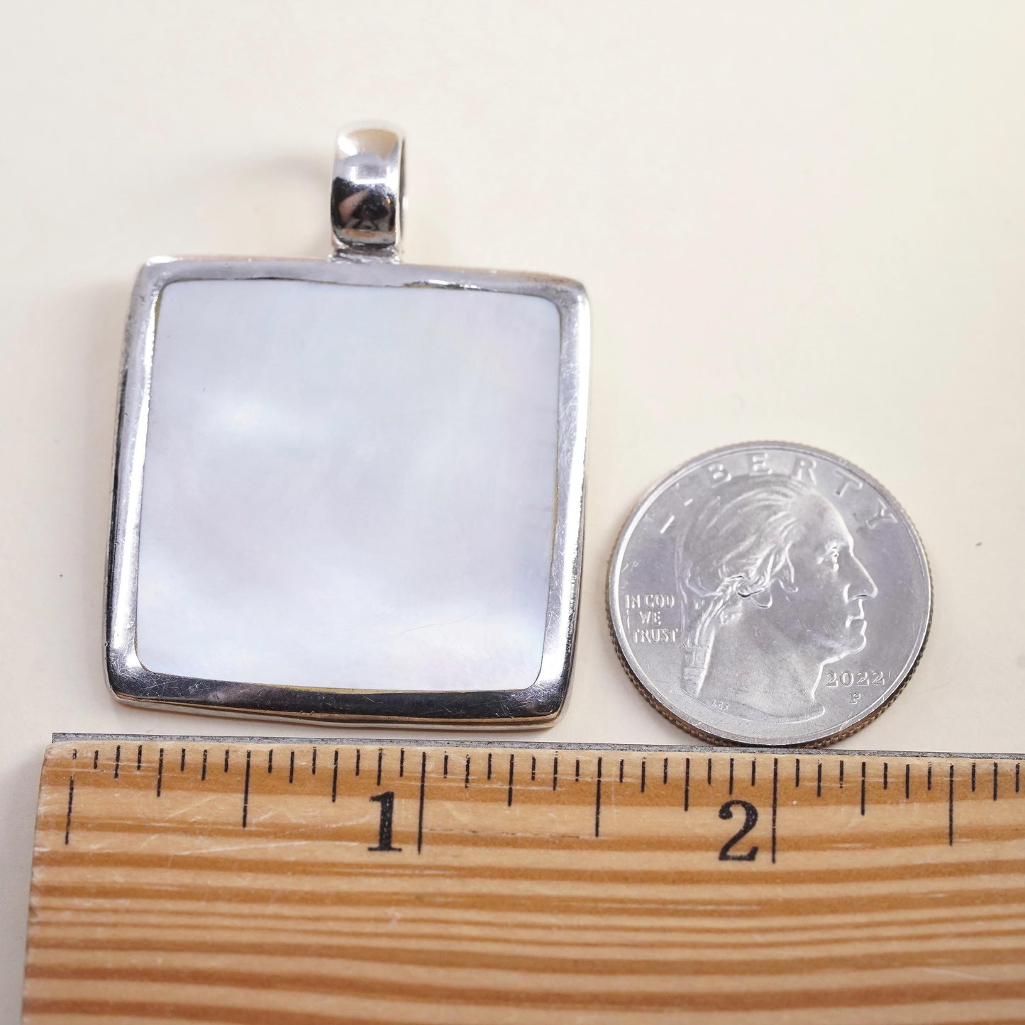 Vintage sterling 925 silver handmade square pendant with mother of pearl inlay