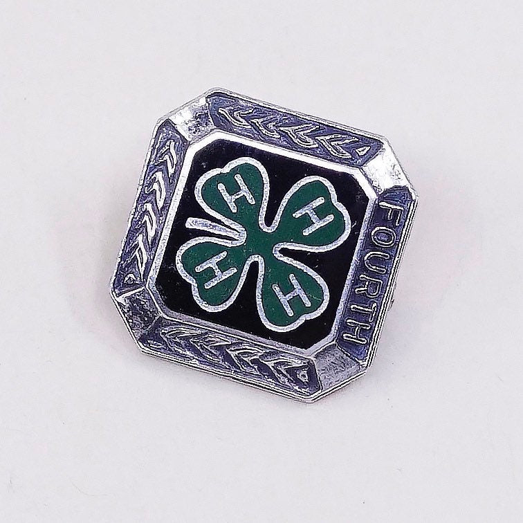 Vintage irish Sterling silver handmade brooch, solid 925 silver four leaves clover with green enamel, stamped sterling