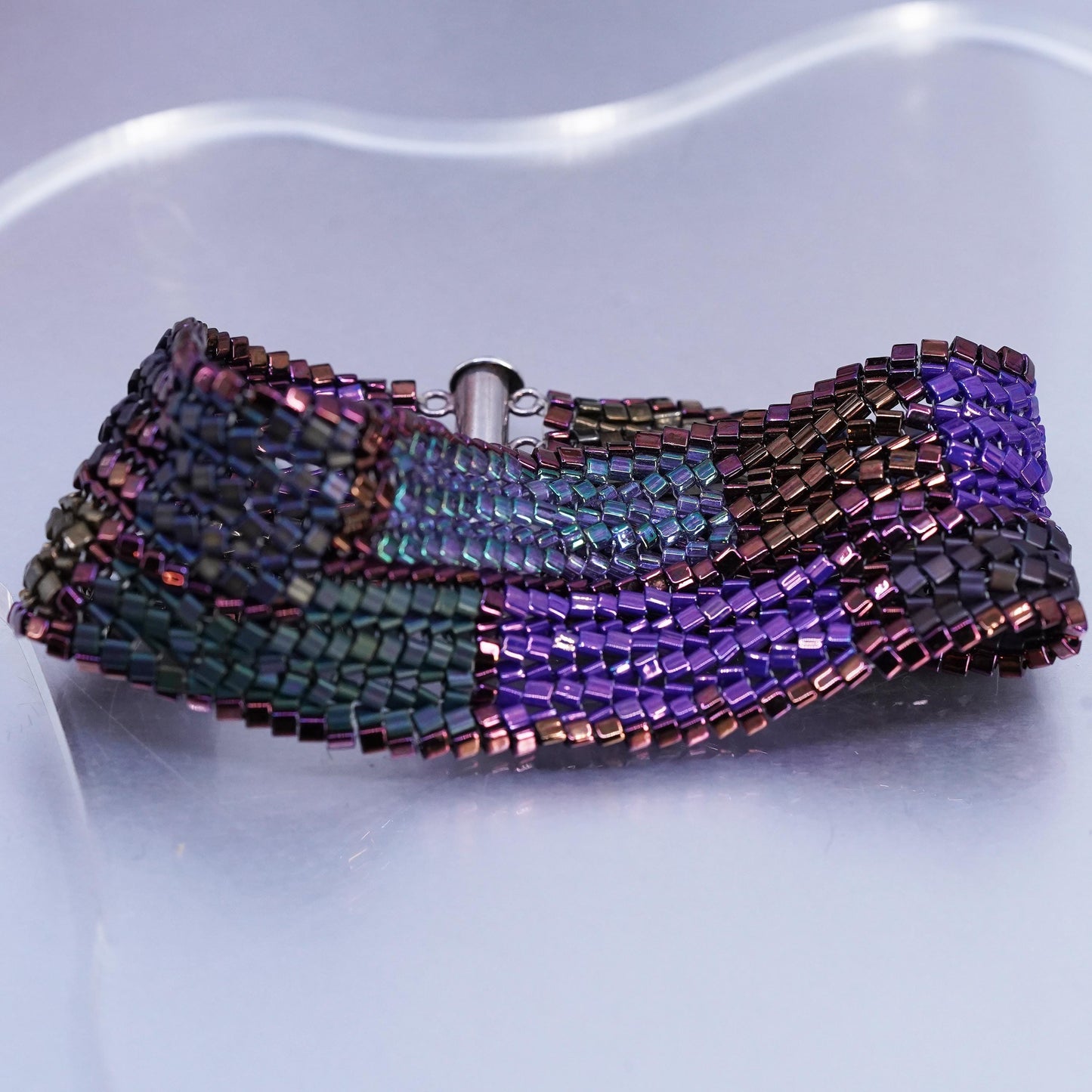 7", VTG Sterling 925 silver multi strands bracelet metallic multi color beads