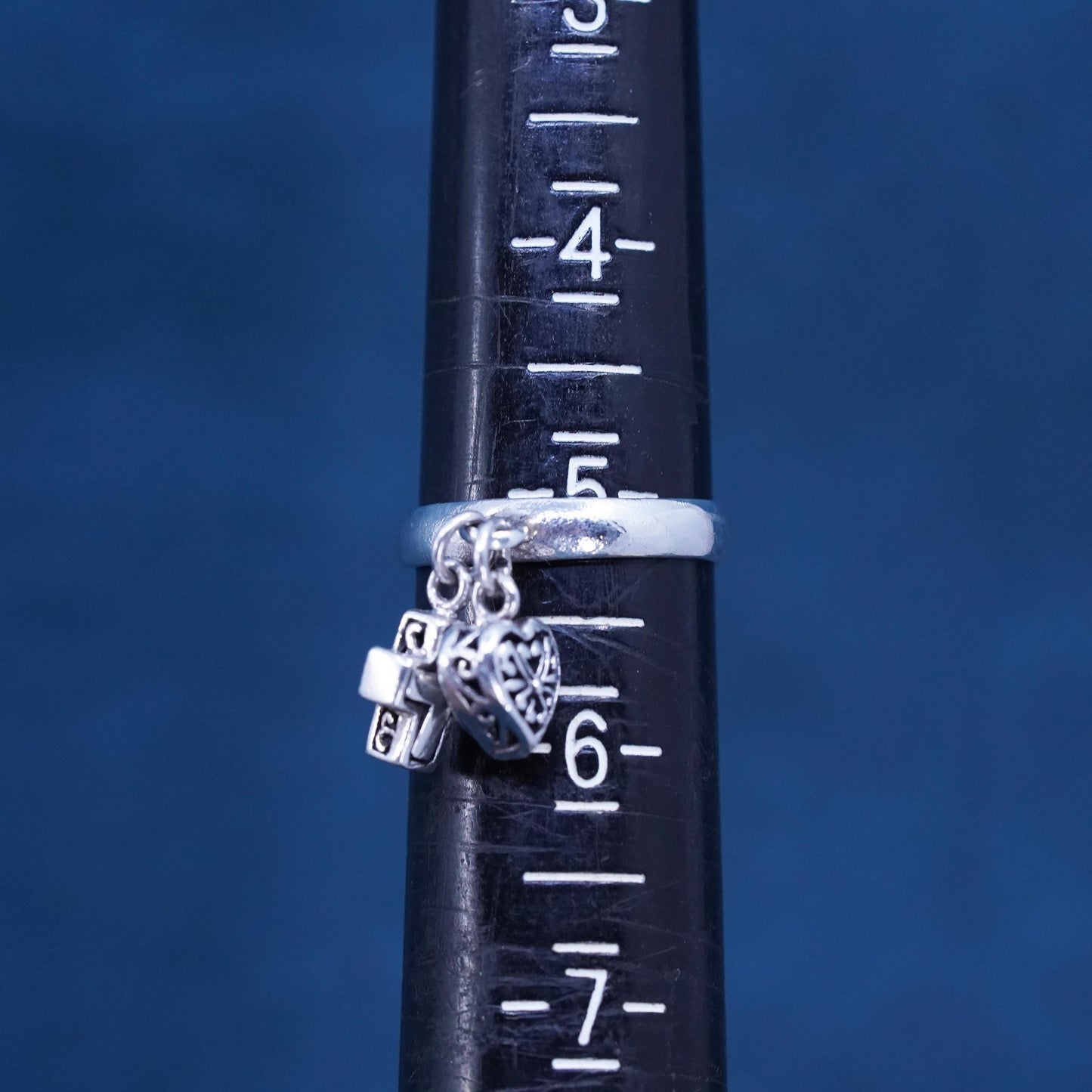 Size 5, vintage Sterling silver ring, 925 filigree ring with heart cross charms