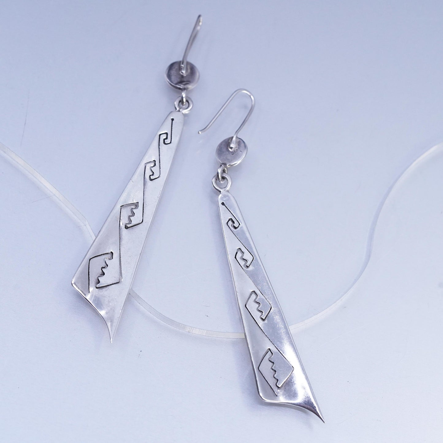 Vintage Mexican Sterling 925 silver handmade long earrings w/ Greek key cut out