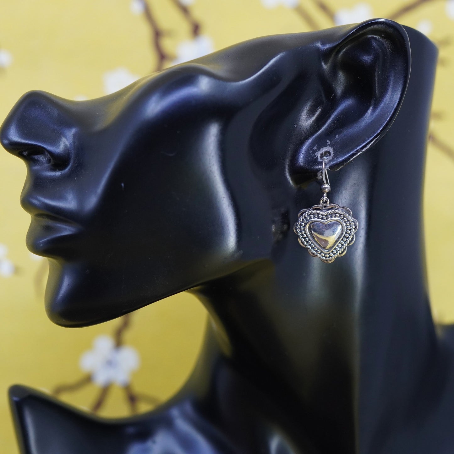 Vintage Sterling silver handmade earrings, textured 925 heart drops