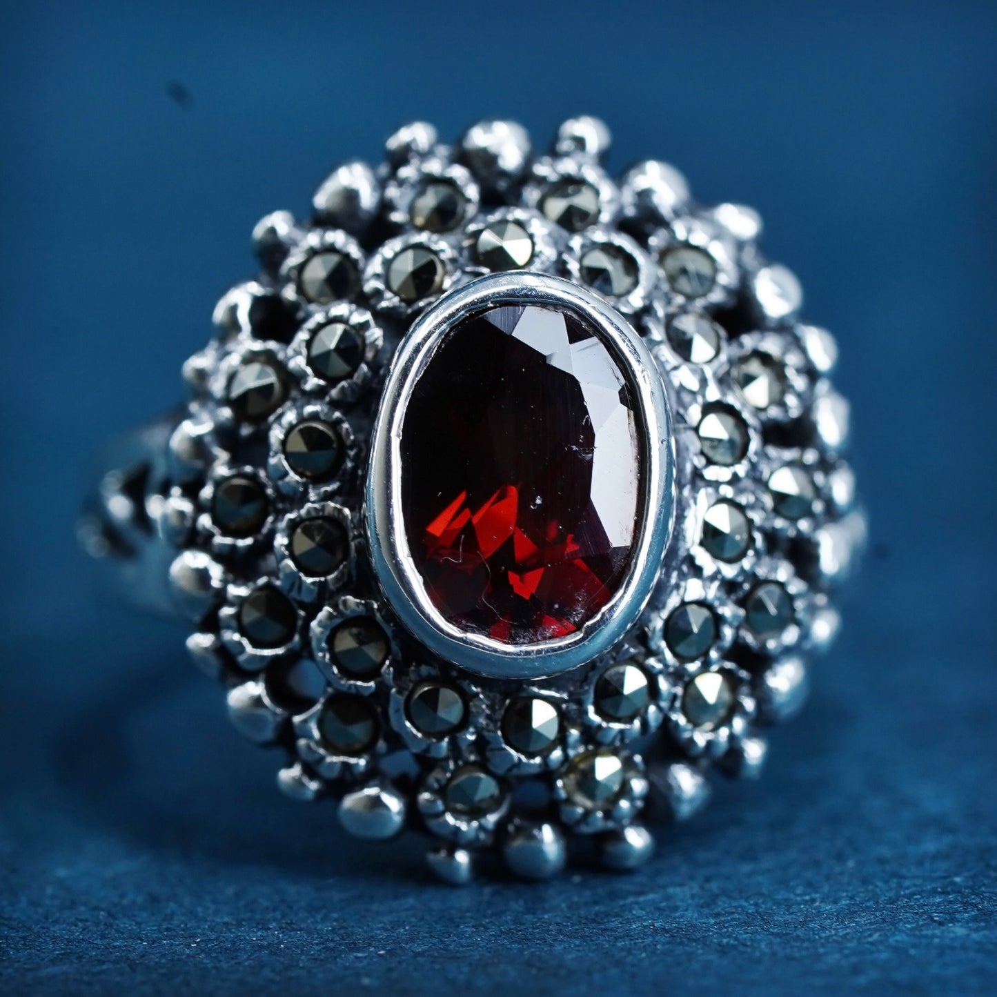Size 4.5, Sterling silver handmade crown ring with ruby and cluster marcasite