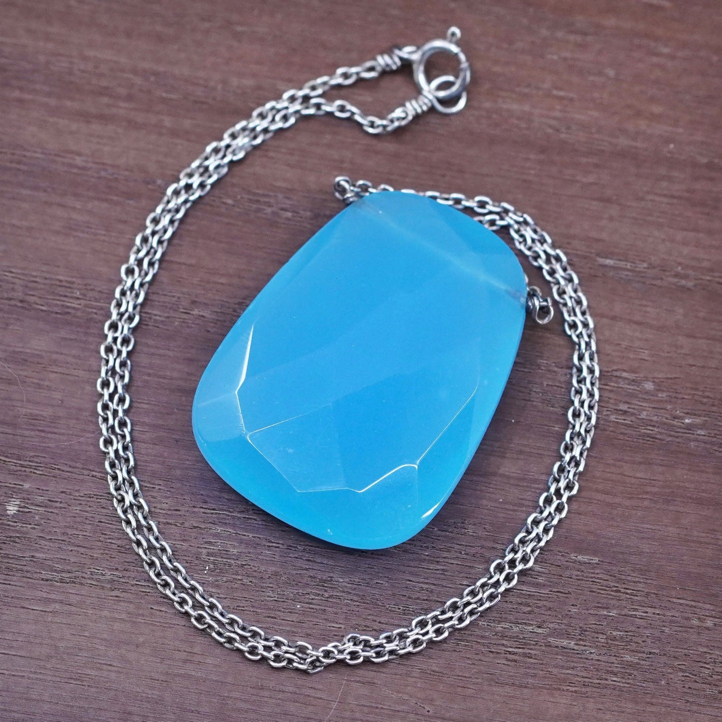 16”, vintage Sterling silver necklace, 925 circle chain blue crystal pendant