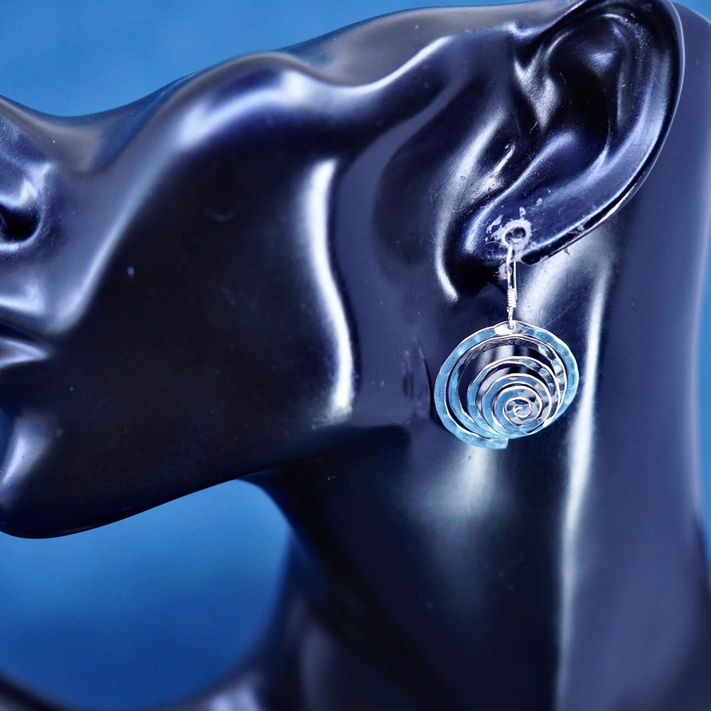 Vintage Sterling Silver handmade Earrings. Hammered 925 swirl dangles