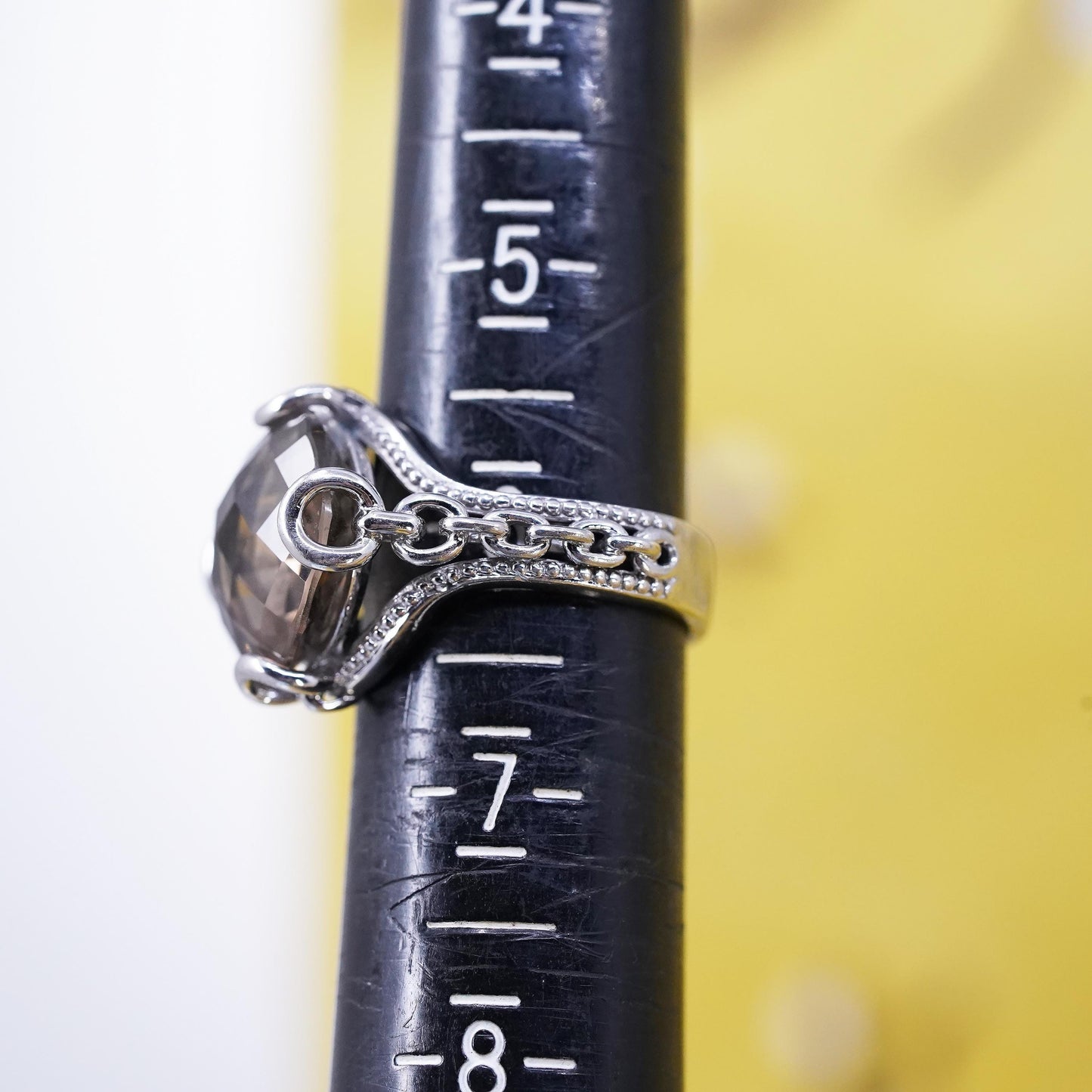 Size 6, vintage Mexican Sterling silver ring dome checkerboard cut smoky topaz