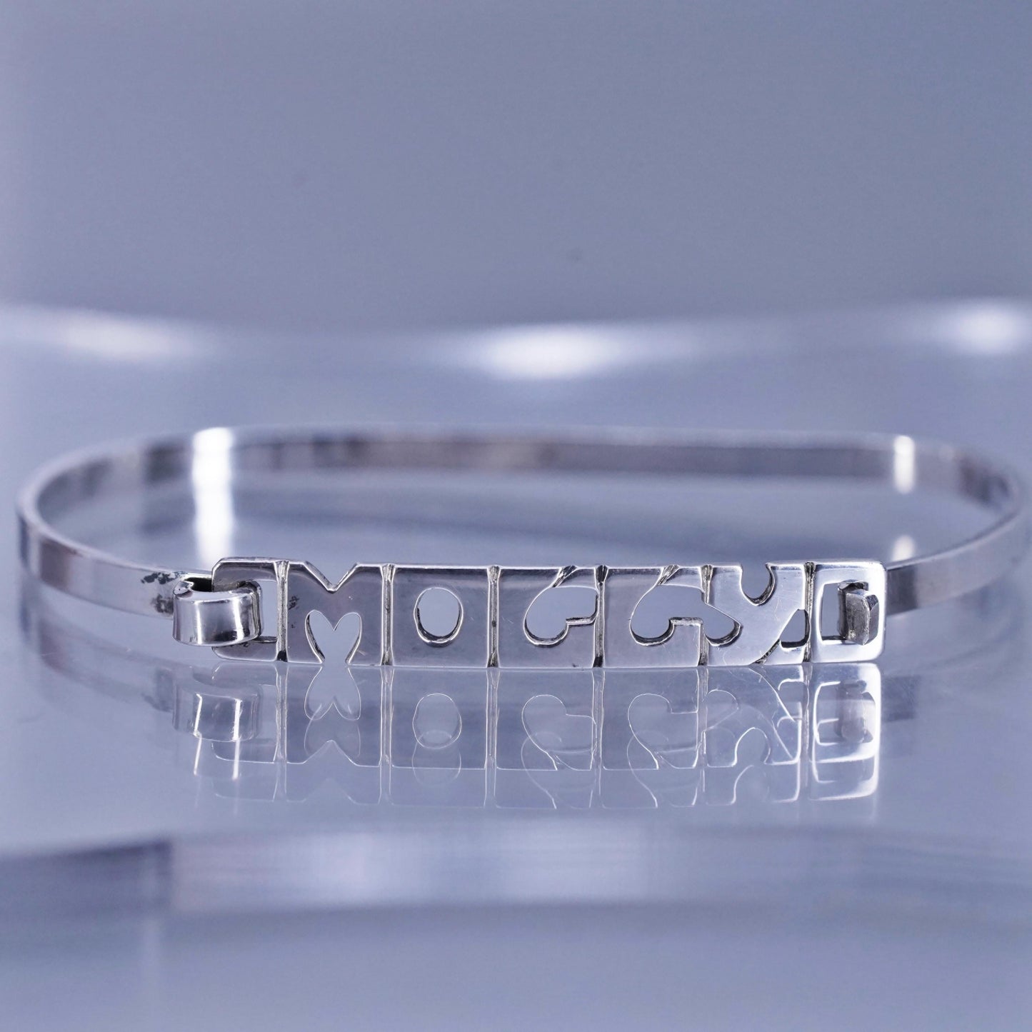 5.5”, Leonore Doskow 1970 Name Moccy Sterling 925 silver bracelet hinged bangle