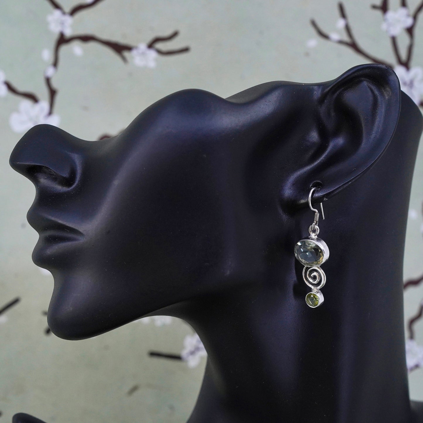Vintage sterling 925 silver handmade earrings with peridot and spiral details