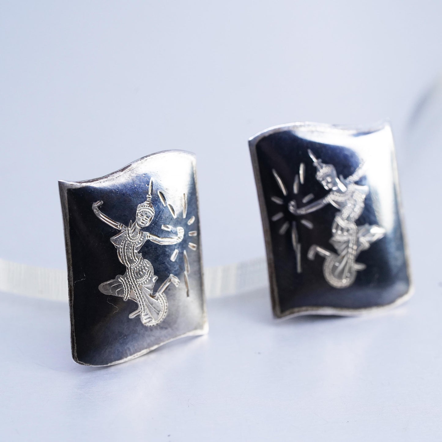 Vintage Siam sterling silver clip on earrings, 925 rectangular earrings, niello