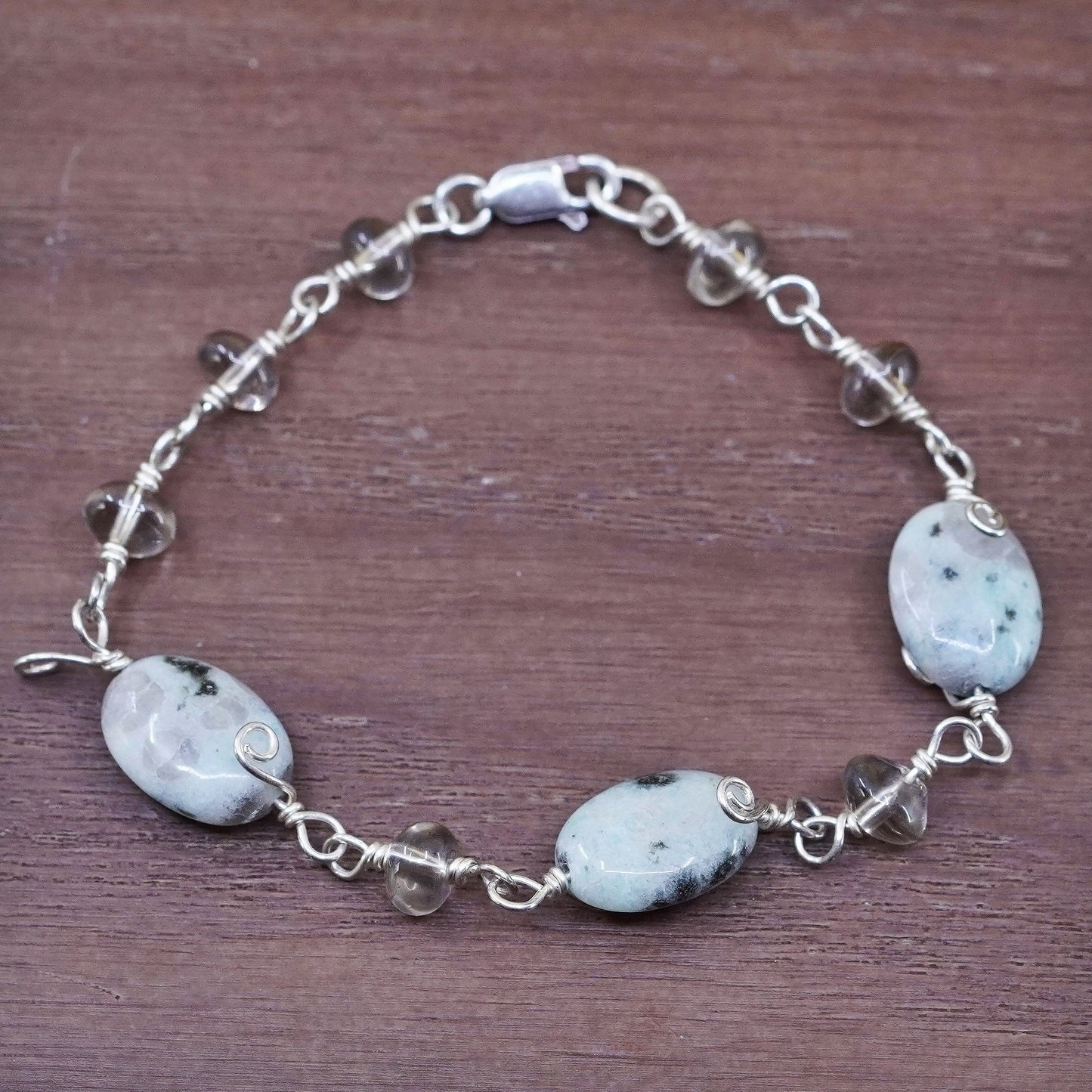 5.75”, Vintage Sterling 925 silver handmade bracelet w/ Jasper nuggets bracelet