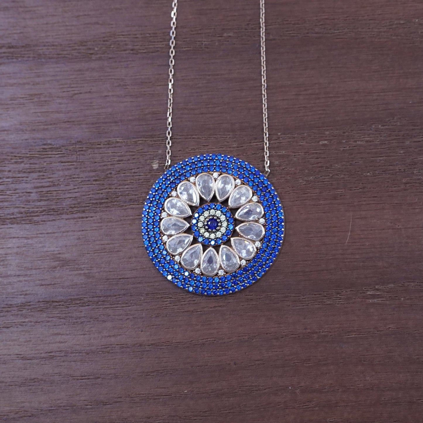 16+2”, vermeil gold Sterling silver necklace, 925 circle chain sapphire pendant
