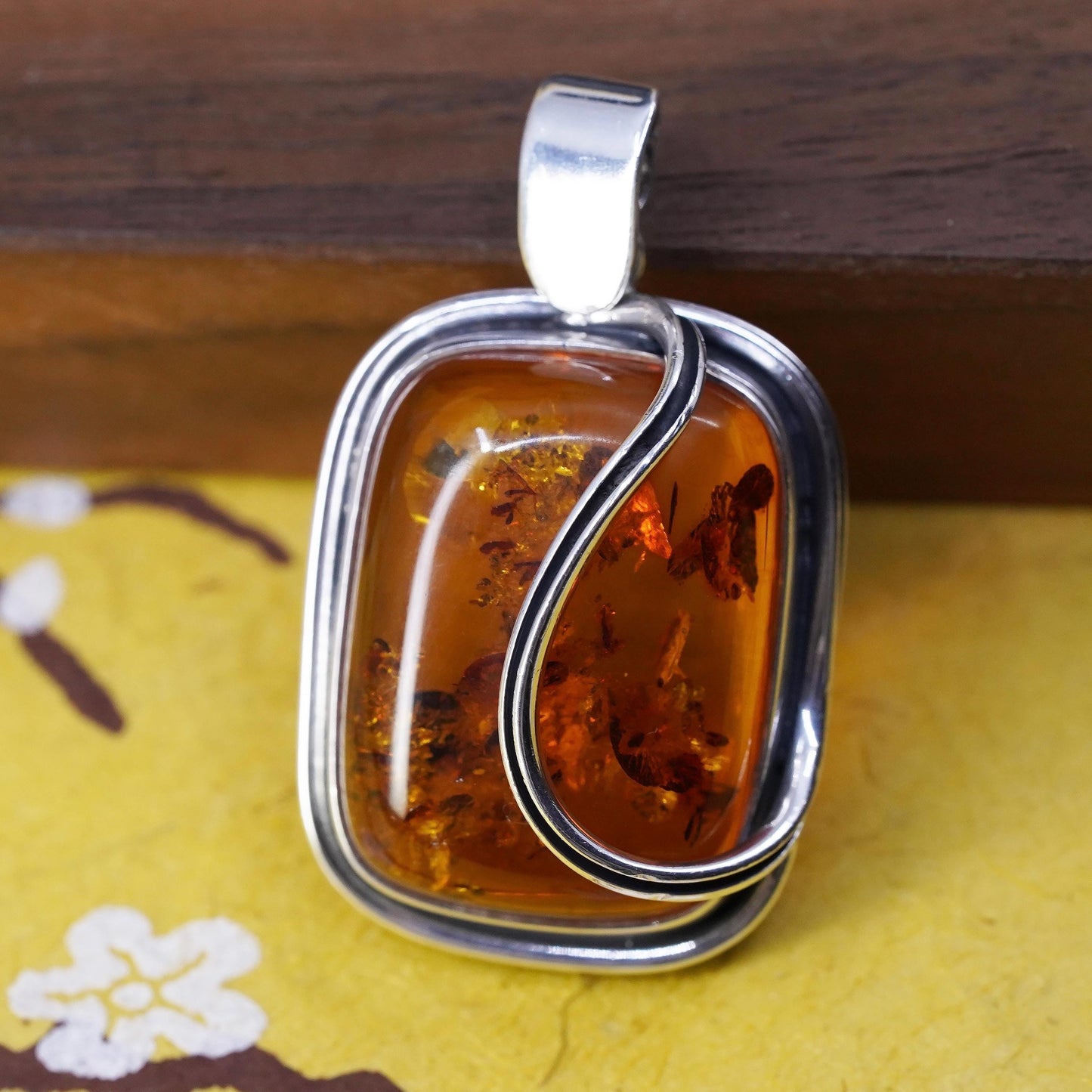 Vintage modern Sterling 925 silver handmade pendant with amber pendant