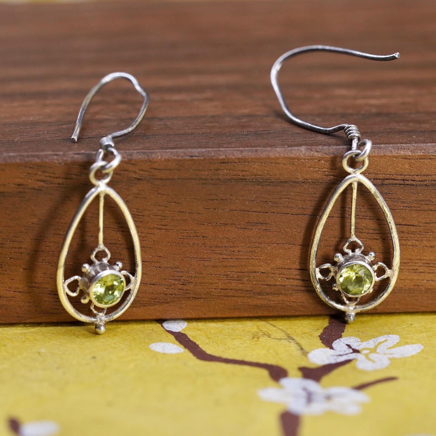 Vintage Sterling silver handmade earrings, 925 teardrop with peridot