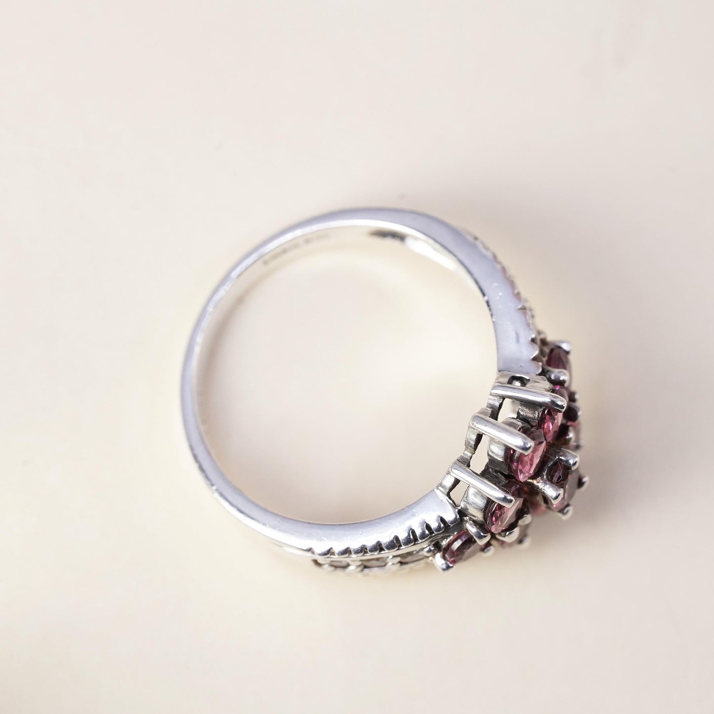 Size 7, vintage Sterling 925 silver ring with pink crystal and cluster cz