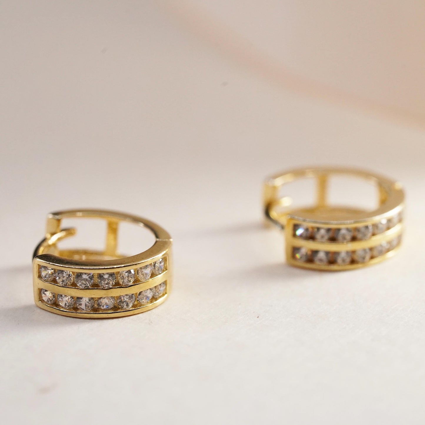 0.5”, Vintage vermeil gold over sterling silver earrings, 925 hoops, huggie cz
