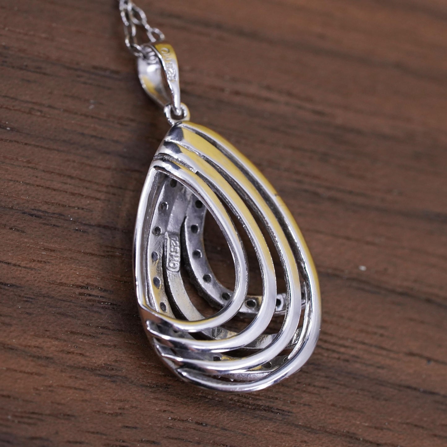 18” Sterling silver necklace, 925 circle chain cluster diamond teardrop pendant